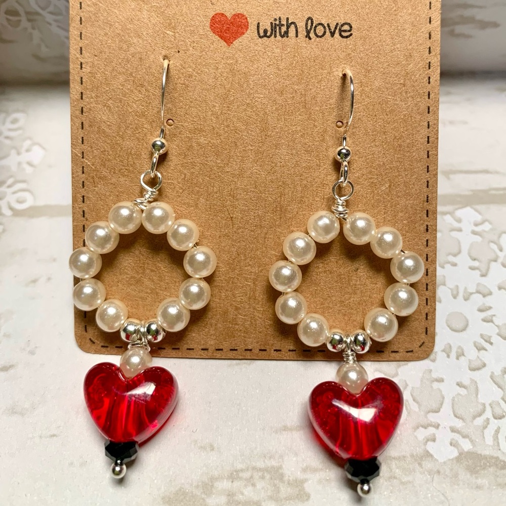 ❤️5 for $15 Red Hearts and Pearls Handmade Valentines Silver Dangle Earrings